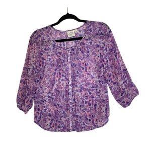 St John's Bay Floral Blouse 3/4 Sleeve‎ Button Front Top Purple Pink Size PS